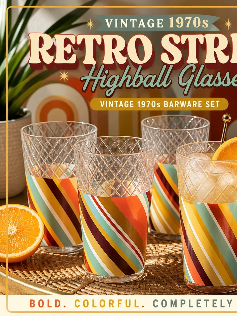Vintage 1970s Retro Stripe Highball Glasses Set of 4 | Colorful Mid Century